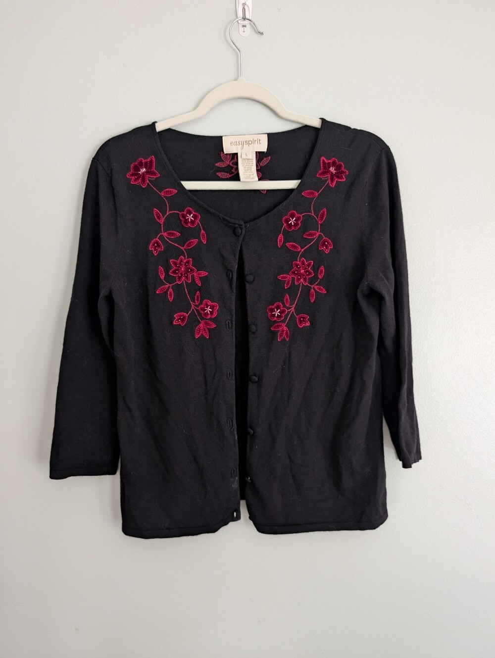 Vtg Easy‎ Spirit Black Cardigan with Ruby Floral Embroidery And Beading Sz L